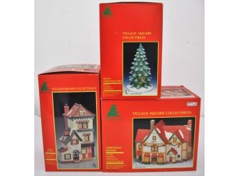 Village Square Collectibles Lot Of 3 Post Office,Christmas Shoppe,Christmas Tree