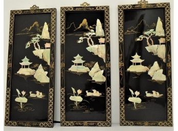 Set Of 3 Vintage Oriental Black Lacquer Mother Of Pearl Decorative Wall Panels