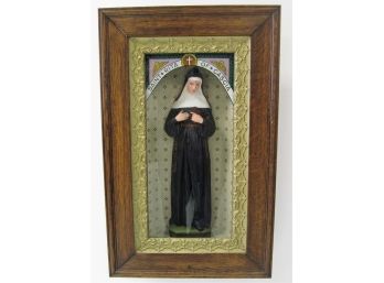 Beautiful Vintage Saint Rita Of Cascia Chalkware Statue In Oak & Gilt Wood Shadow Box