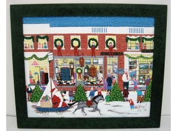 Folk Artist Patricia Palermino Original Nantucket Christmas Street Scene Oil Painting