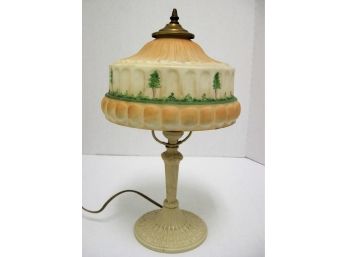 Vintage Painted Ornate Metal Boudoir Lamp With Hand Painted Shade