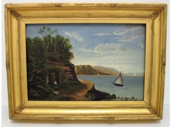 Antique American Folk Art Hudson River School Oil Painting With Sailing Vessels & Figures