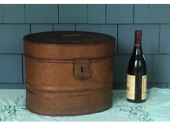 EARLY TIN HAT BOX WITH ORIGINAL FAUX LEATHER PAINT