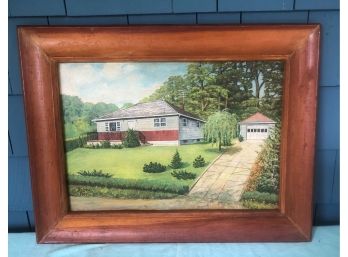 CUTE OIL ON PLYWOOD HOUSE PORTRAIT OF A 1960S HOUSE