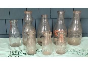 8 EARLY MILK BOTTLES, MOSTLY LONG ISLAND