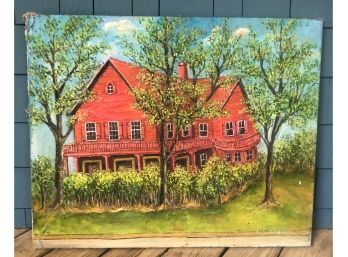 SIGNED OIL PAINTING OF A RED HOUSE THEODORA F UEIZMANN 1958