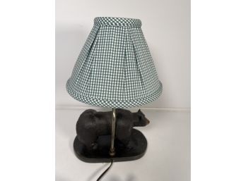 Vintage Wood Carved Bear Lamp With Gingham Shade