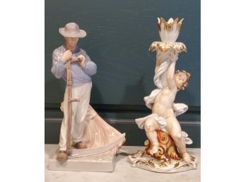 Antique Kalk Porcelain Cherub Candlestick Holder & Royal Copenhagen Porcelain Figurine