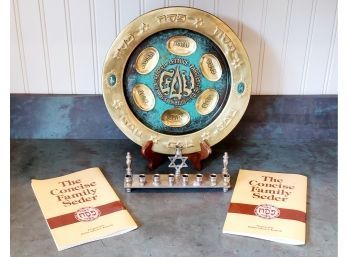 Seder Brass Tray, Stainless Menorah & Books