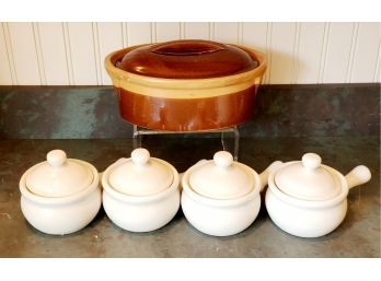 Vintage Earthenware Oval Covered Made In France Casserole Baker & White Onion Soup Lidded Crocks