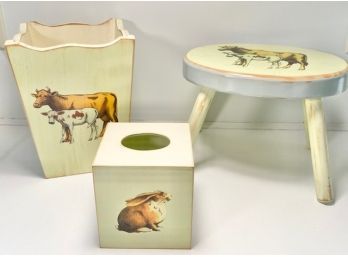 Vintage Inspired Plain Jane Bathroom Set: Stool, Pail And Tissue Box Holder