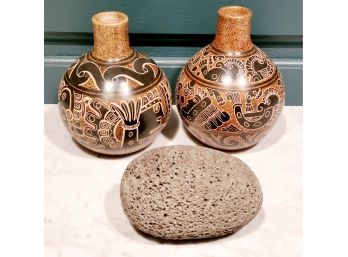 Pair Of Handsome Hand Crafted Nicaraguan Pottery Vases & Egg Shaped Lava Pumice Stone