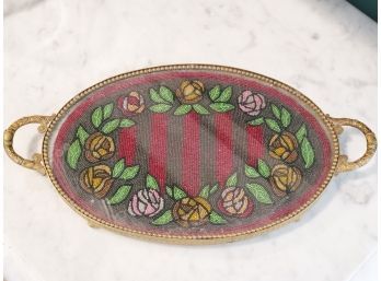 Pretty Vintage Brass Oval Vanity Tray With Beaded Insert Under Glass