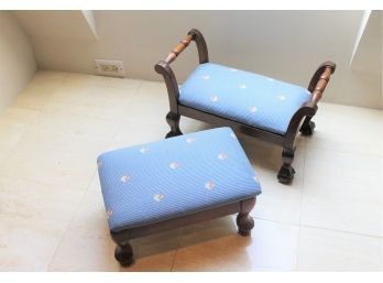 Pair Of Antique Mahogany Foot Stools With Matching Fabric