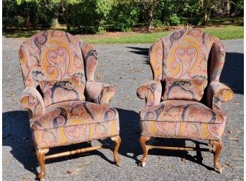 Pair Of Handsome Velvet Paisley Upholstered Wingback Chairs