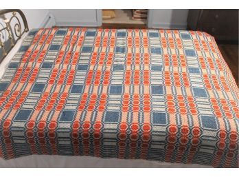 Antique Reversible Wool Coverlet Red, White & Blue Jacquard Weave