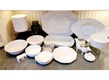 Mixed Lot Of Kitchen & Dining White Porcelain & Single Vintage Green Bottle