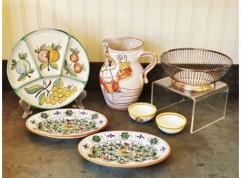 Grouping Of Italian Made Dining & Serving Hand Painted Pottery & Metal Ware Basket