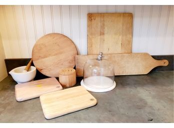 Group Of Wood & Bamboo - Cutting Boards, Salt Storage, Marble Cheese Dome & Mortar & Pestle