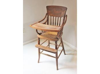 Antique Bent Wood Oak Child's High Chair With Pressed Horse Motif