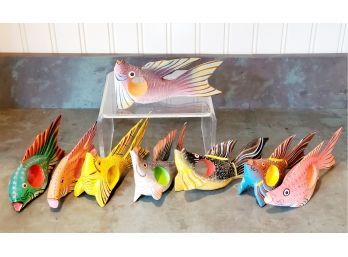 Set Of Eight Whimsical Fish Wood Painted Napkin Rings