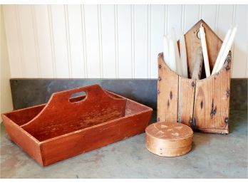 Antique Vintage Primitive Wood Lot - Candle Holder, Box & Divided Caddy