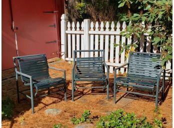 Three Vintage Green Strappy Patio Arm Chairs