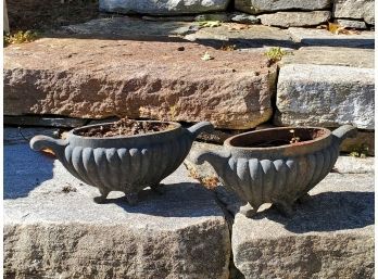 Two Vintage Black Cast Metal Small Garden Planter Urns