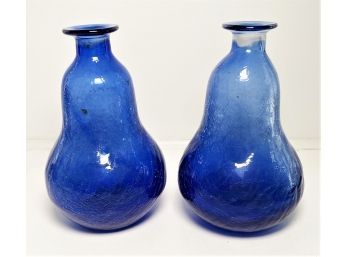 Pair Of Vintage Pear Shaped Hand Blown Cobalt Blue Crackle Glass Vases