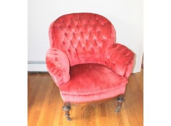 Oversized Tufted Red Antique Mahogany Arm Chair On Casters