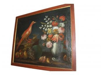 Antique Unsigned Framed Oil On Canvas Pheasant And Flowers