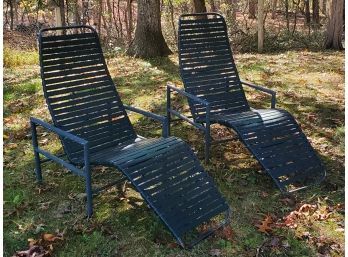 Pair Of Vintage Green Strappy Patio Stationary Loungers