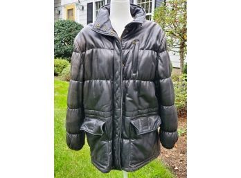 Vintage Retro Ladies Black Leather Puffer Zip Up Coat