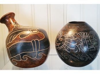 Two Hand Made Nicaraguan Tribal Pottery Vases