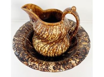 Vintage Ceramic Drip Glazed Pitcher & Bowl