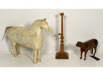 Vintage Hand Carved Wood Pieces Featuring  A Sizeable Horse With Real Horse Hair Tail & A Cute Dog Figure