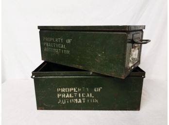 Two Green Metal Industrial Stack Bins With Handles