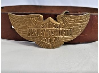 Vintage Harley Davidson Winged Brass Belt Buckle And Brown Embossed Leather Belt