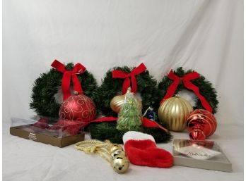 Mixed Lot Of Christmas Decorations Wreaths, Large Ornaments & More