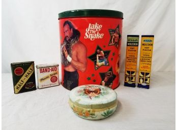 Six Vintage Metal Tins -Dr. Scholls, Band Aid, WWF