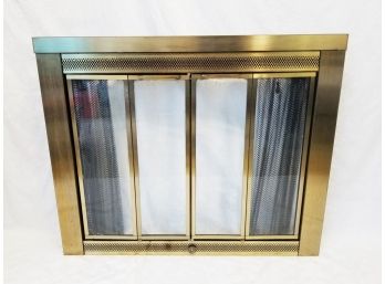 Gold Tone Metal & Glass Fireplace Door With Attached Wire Mesh Curtain Screen