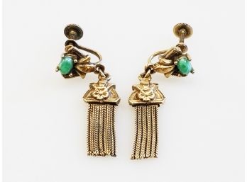 Antique Bronze & Jade Tassel Screw Back Earings