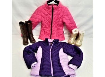 Set Of Two Girl's Winter Jackets And Two Pairs Of Children's Boots Sizes 9-10