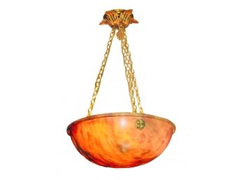 Italian Alabaster Dome 3-Light Pendant Fixture With Brass Foliage Fittings