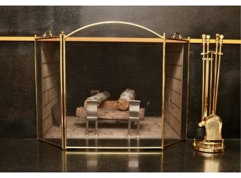 Brass Arched 3-Panel Fireplace Mesh Screen With Tools In Stand