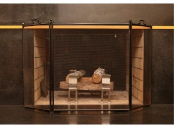 Black Wrought Iron Arched 3-Panel Wire Mesh Fireplace Screen With Two Handles And Round Finials