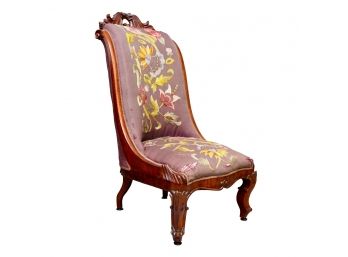 Antique Wood Slipper Chair With Hand Embroidered Floral Upholstery