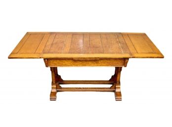 Antique Wood Dining Trestle Table With Pull-out Expansion Leaves