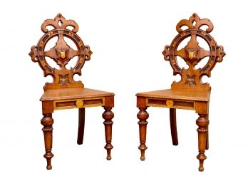 Set Of 2 Victorian Hand-Carved Fleur-De-Lis Hall Chairs