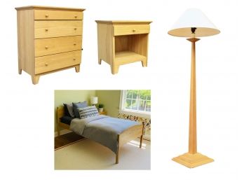 Set Of 4 Pine Dresser, Night Stand, Twin Bed And Floor Lamp